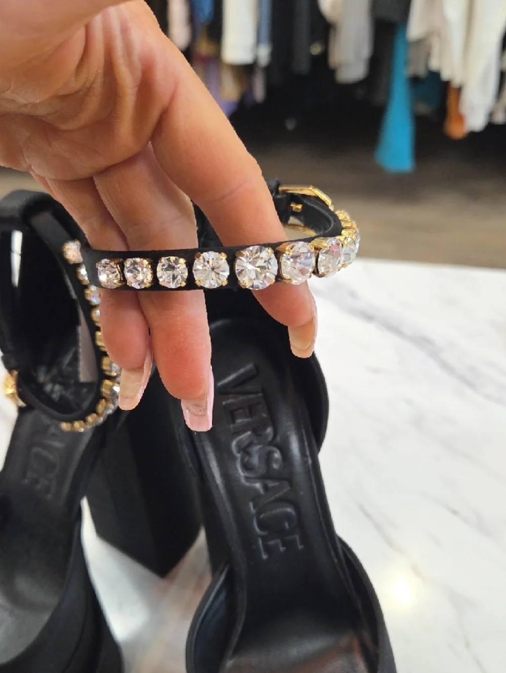 Versace Black Suede Platform Pumps with Crystal Ankle Strap